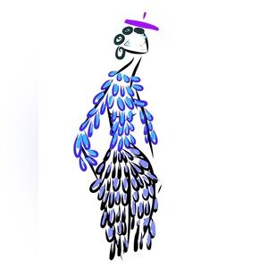 HANDCRAFTED Stylish Blue and Purple Feather Dress on a digital sketch by me NWT
